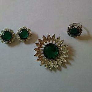 Set of Vintage Brooch, Clip On Earrings and Ring